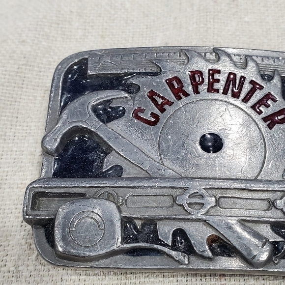 VINTAGE CARPENTER BELT BUCKLE SILVER METAL C&J INC 1994 - Picture 2 of 10